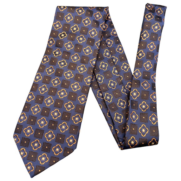 Hugo Boss Other - BOSS Hugo Boss Tie Mens Blue Gold Brown Geometric Art Silk‎ Luxury Necktie Italy
